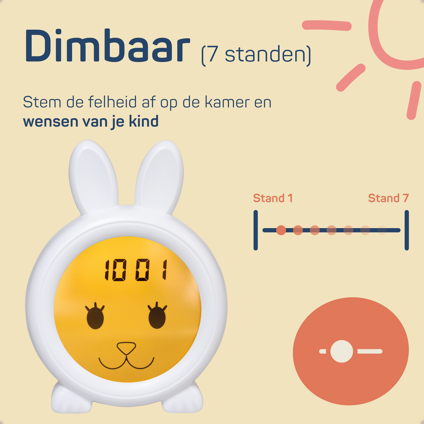 Slaaptrainer met oranje display en de tekst: Dimbaar (7 standen) Stem de felheid af op de kamer en wensen van je kind