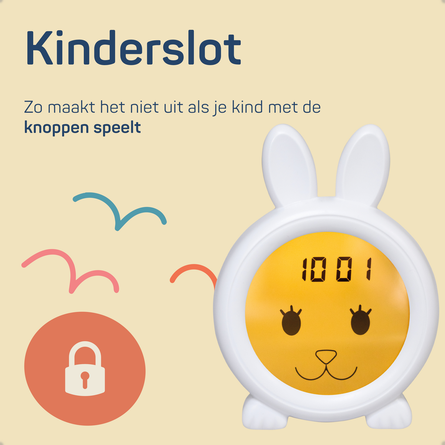 Slaaptrainer met oranje display en tekst: Kinderslot, zo maakt het niet uit als je kind met de knoppen speelt