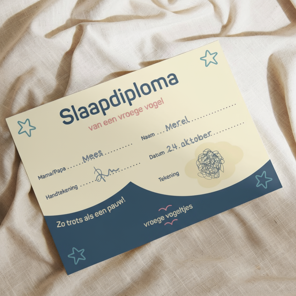 Slaapdiploma van Vroege Vogeltjes op een zachte deken, beloning voor kinderen die leren doorslapen, met ruimte voor naam, handtekening en tekening.