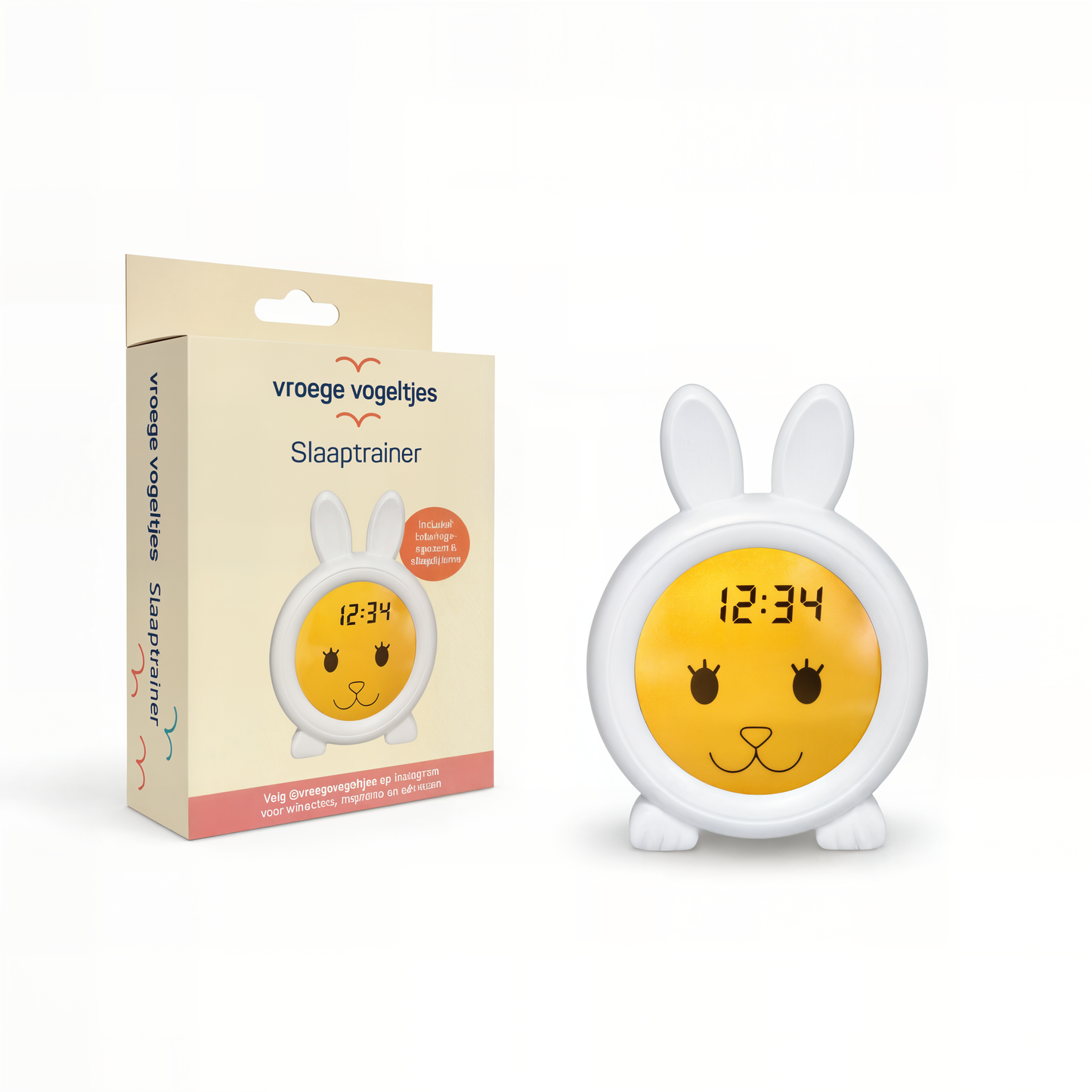 Slaaptrainer konijn met verpakking met witte achtergrond.