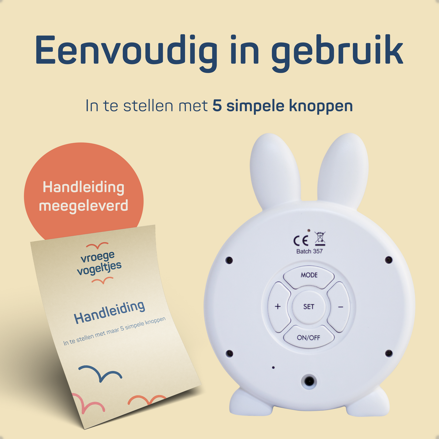 Achterkant van slaaptrainer: Eenvoudig in gebruik. In te stellen met 4 simpele knoppen.