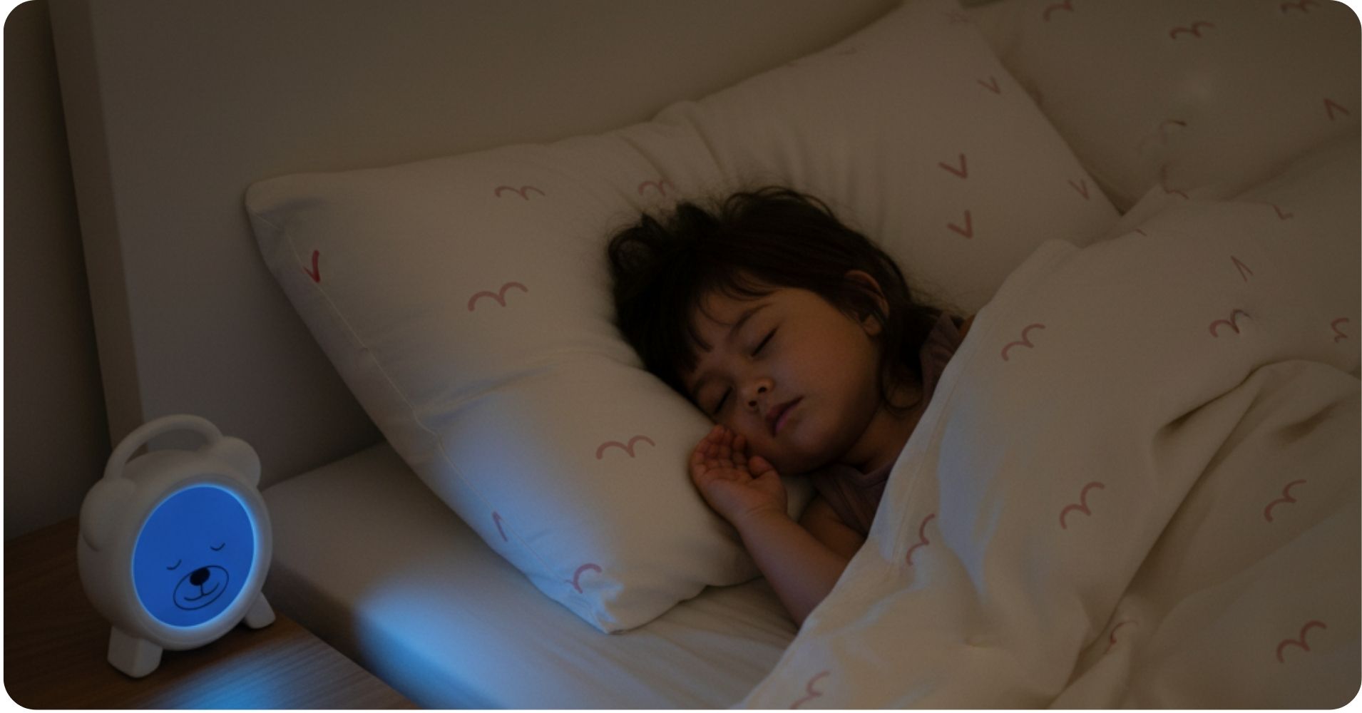Slapend peuter in bed met slaaptrainer die zacht licht geeft tijdens de nacht