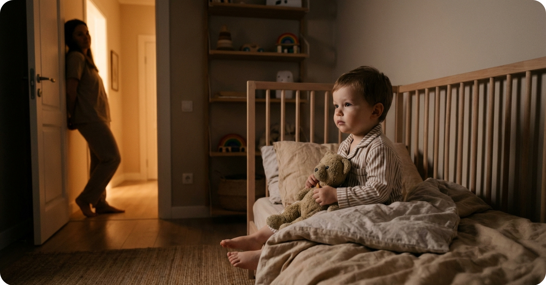 Dreumes zit ’s nachts wakker in bed met knuffel terwijl ouder in deuropening staat