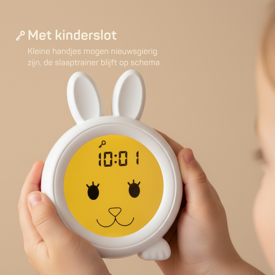 Kind houdt witte slaaptrainer in de vorm van een konijn vast,  met kinderslotfunctie zodat kleine handjes het schema niet kunnen verstoren.