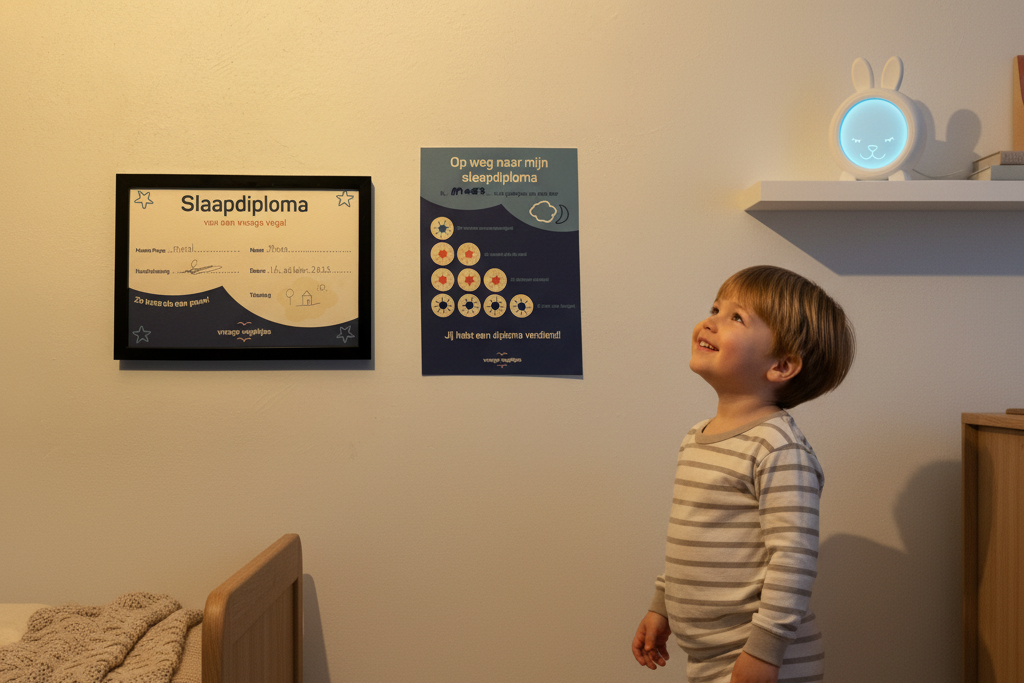 Blonde peuter in pyjama kijkt in slaapkamer naar zijn slaapdiploma dat aan de muur hangt, rechtsboven ook een konijnenwekker.