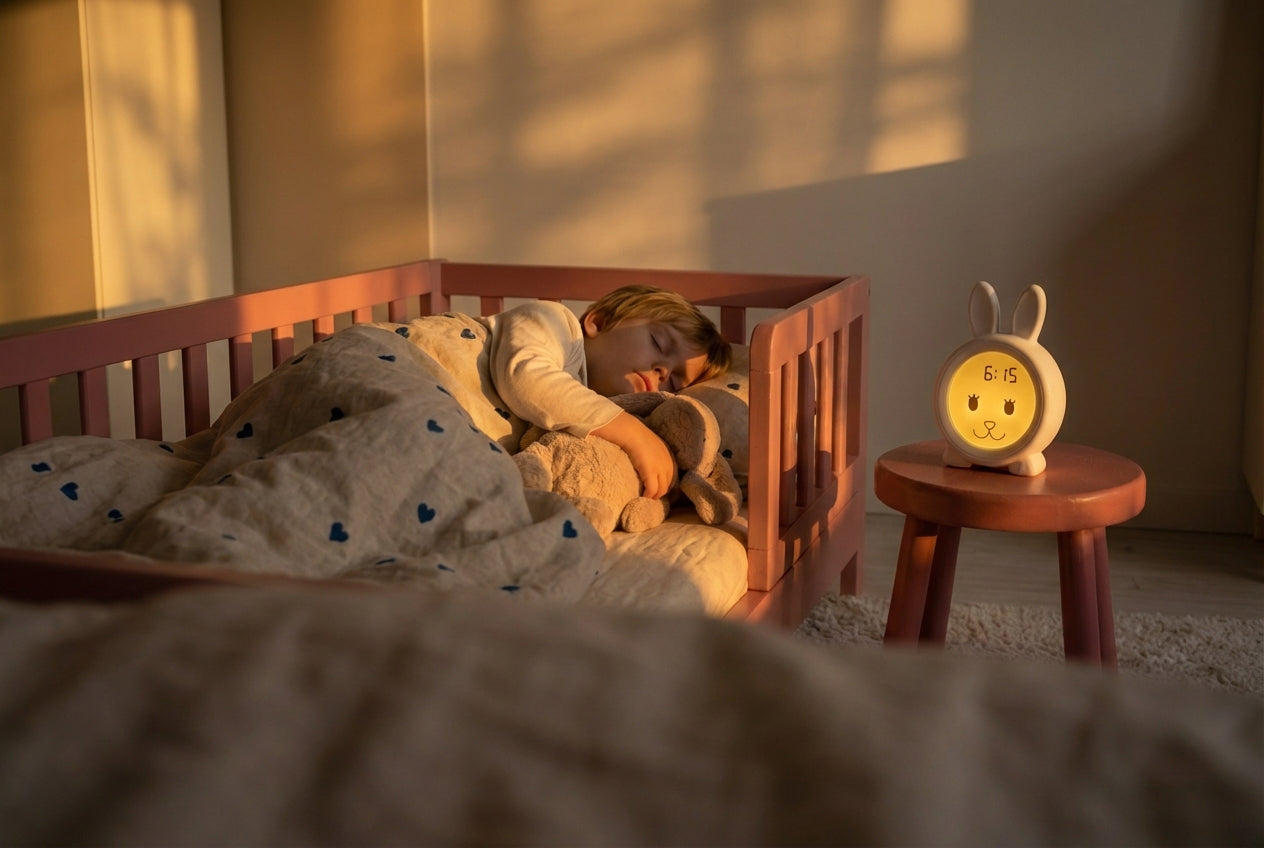 Kind in peuterbed in zonnige kamer met slaaptrainer op krukje