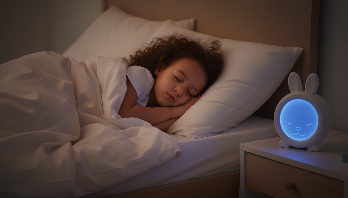 Slapend meisje in bed met slaaptrainer op nachtkastje in nachtmodus 