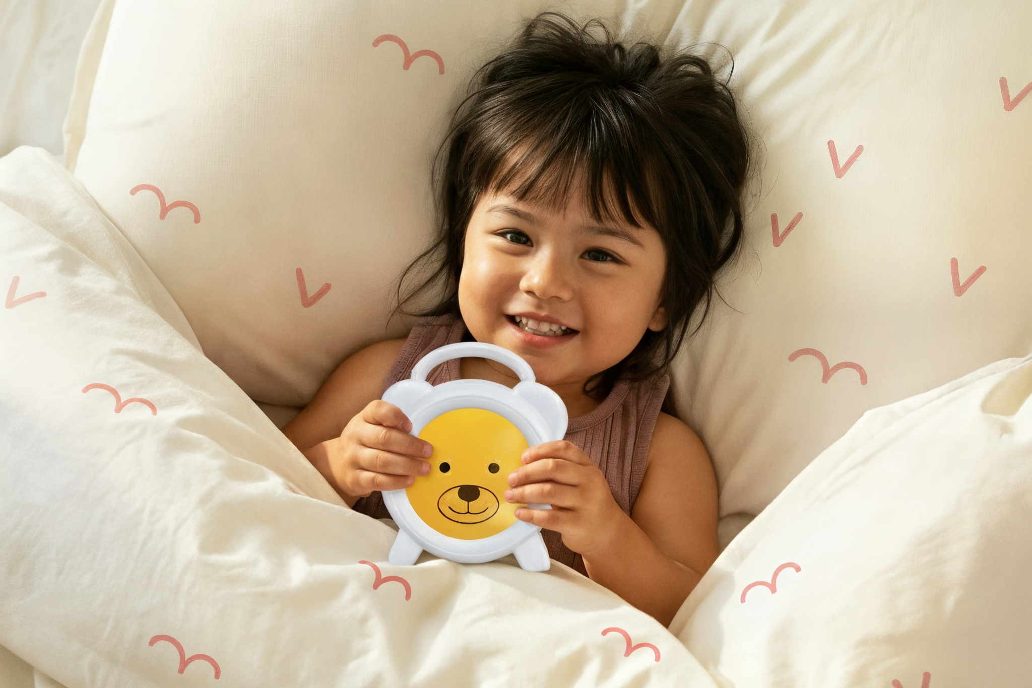 Peuter meisje met slaaptrainer in bed onder vroege vogeltjes dekbed 