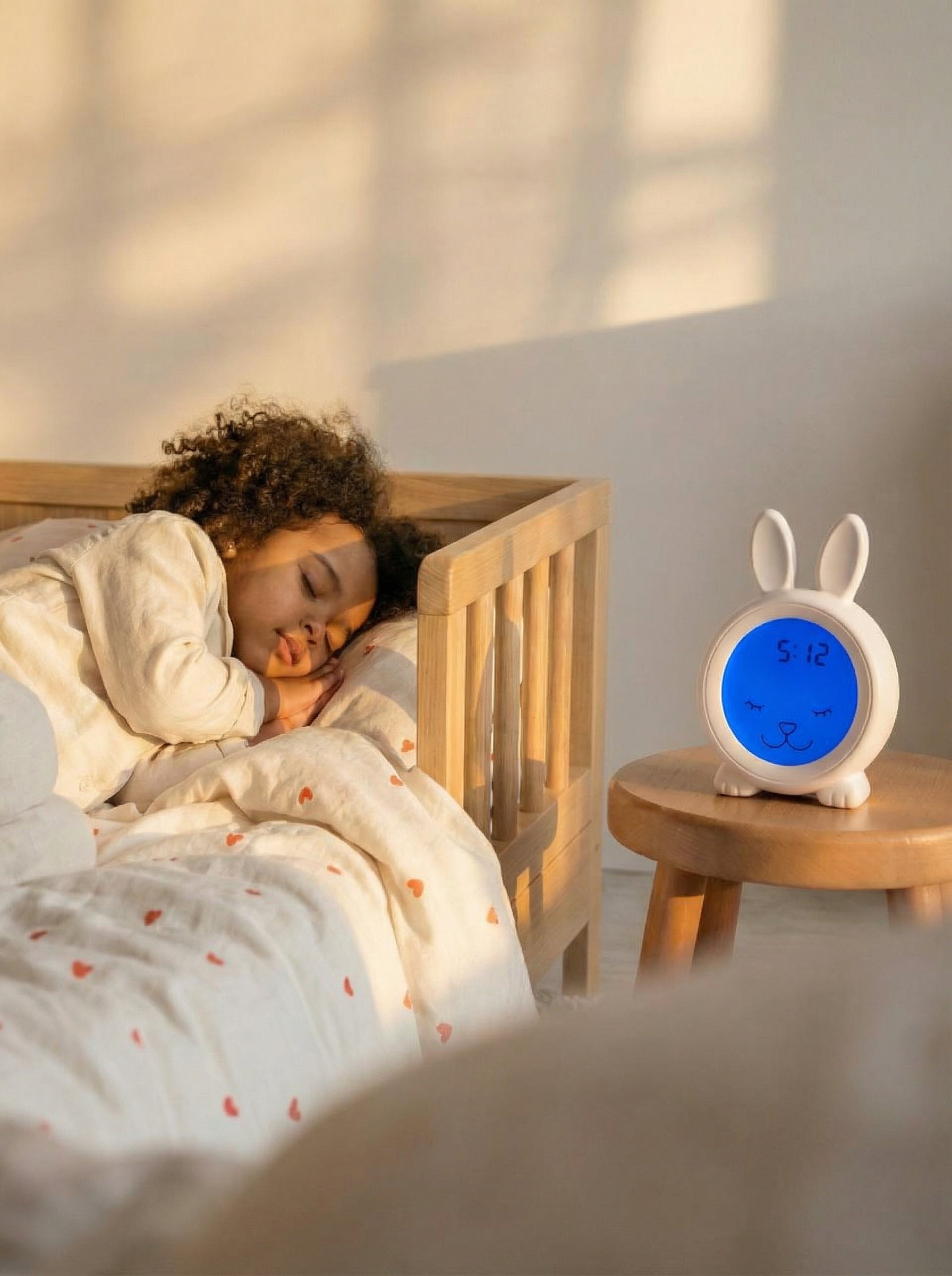 Peuter slaapt rustig in bed met Vroege Vogeltjes slaaptrainer konijn in nachtmodus (blauw licht) op nachtkastje