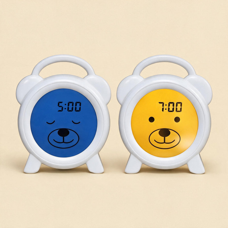 Slaaptrainer beer blauw links, geel rechts